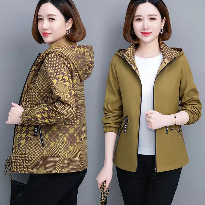 2024 New Double-Sided Windproof Jacket Women's Spring Autumn Fashion Detachable Hat Trench Coats Lady Casual Running Outwear