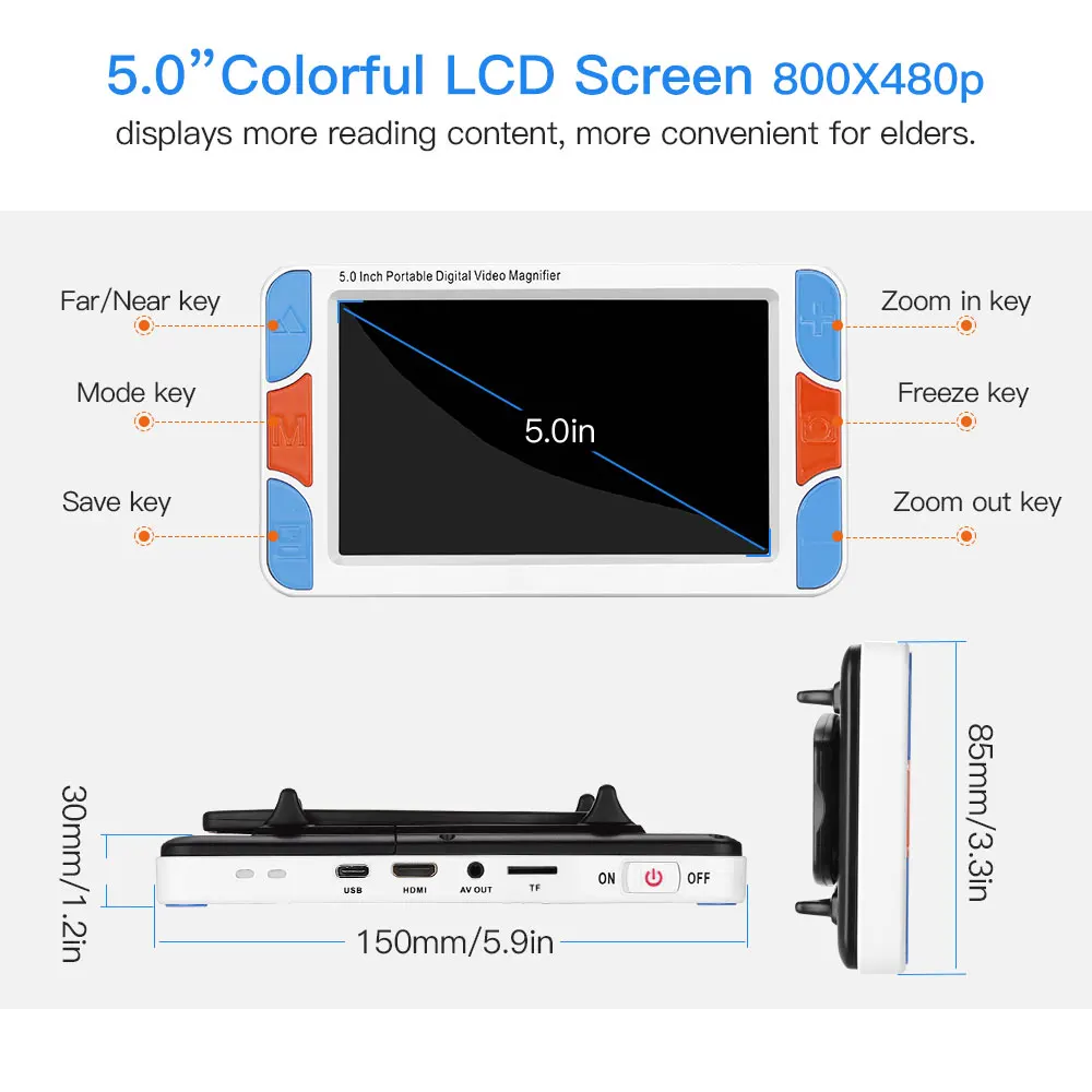 Handheld Portable 5 Inch Video Digital Magnifier 3-48X Zoom Electronic Reading Aids With Near Camera, Voice Prompt