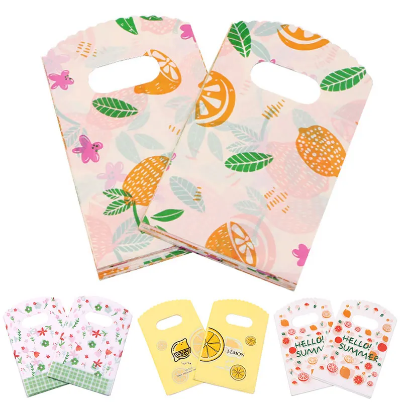 

50pcs/lot 9x15cm Gift Bags With Handle Fruit Pattern Plastic Bag Pouches for diy Jewelry Packing Wedding Party Food Bags