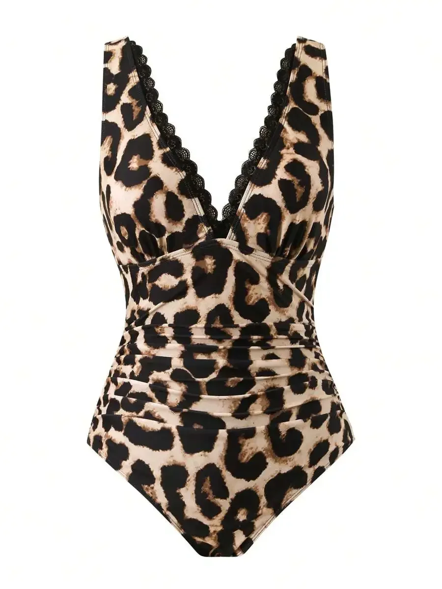 

Leopard Print One Piece Swimsuit With Lace Trim V Neck Ruched Waist Beach Resort Swimwear