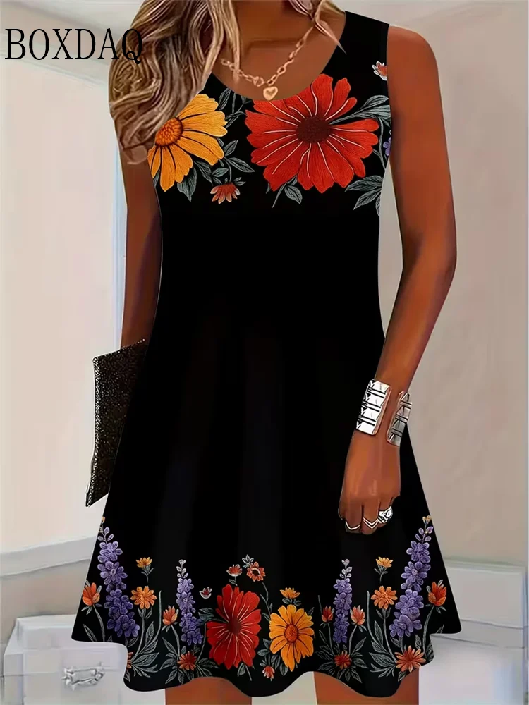 

2026 Sundress Floral 3D Print Women's Casual Sleeveless Tank Dress Summer Vacation Casual Retro Loose Plus Size Woman Clothing
