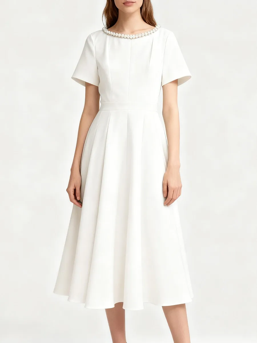 TWOTWINSTYLE Solid Slimming Spliced Bead Elegant Dresses for Women Round Eck Short Sleeves High Waist Basics Dress Female New