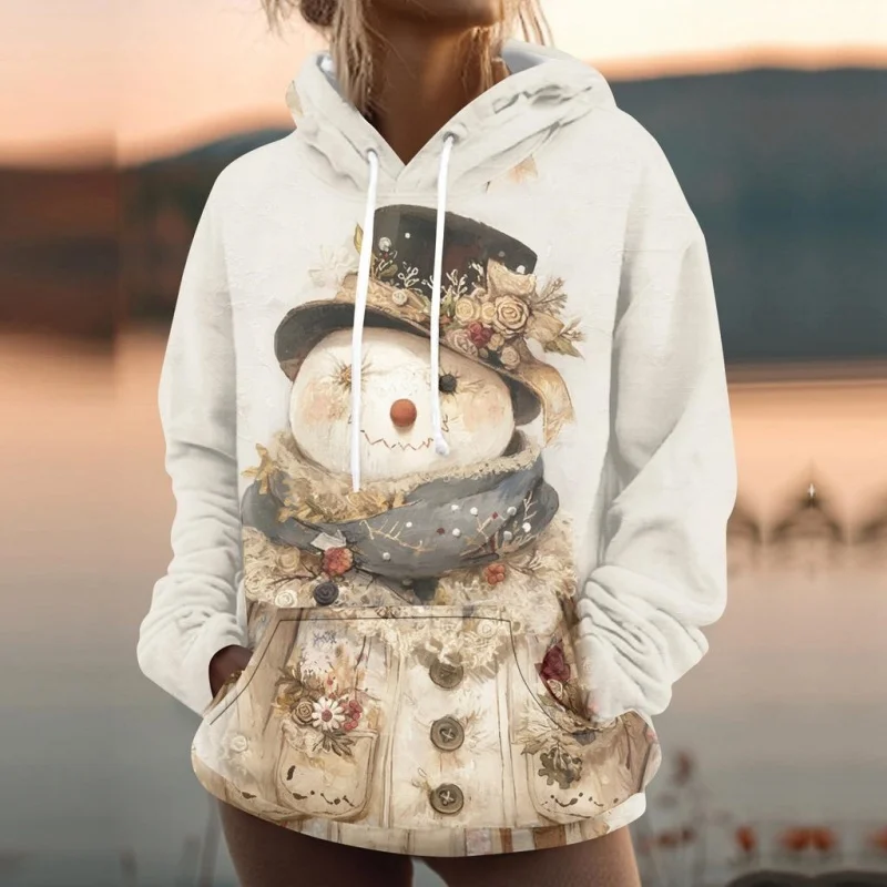 3D Printed Christmas Tree Hoodie For Women Snowman Pattern Sweatshirt Autumn Casual Tops Loose Pullovers Long Sleeves Hoodies