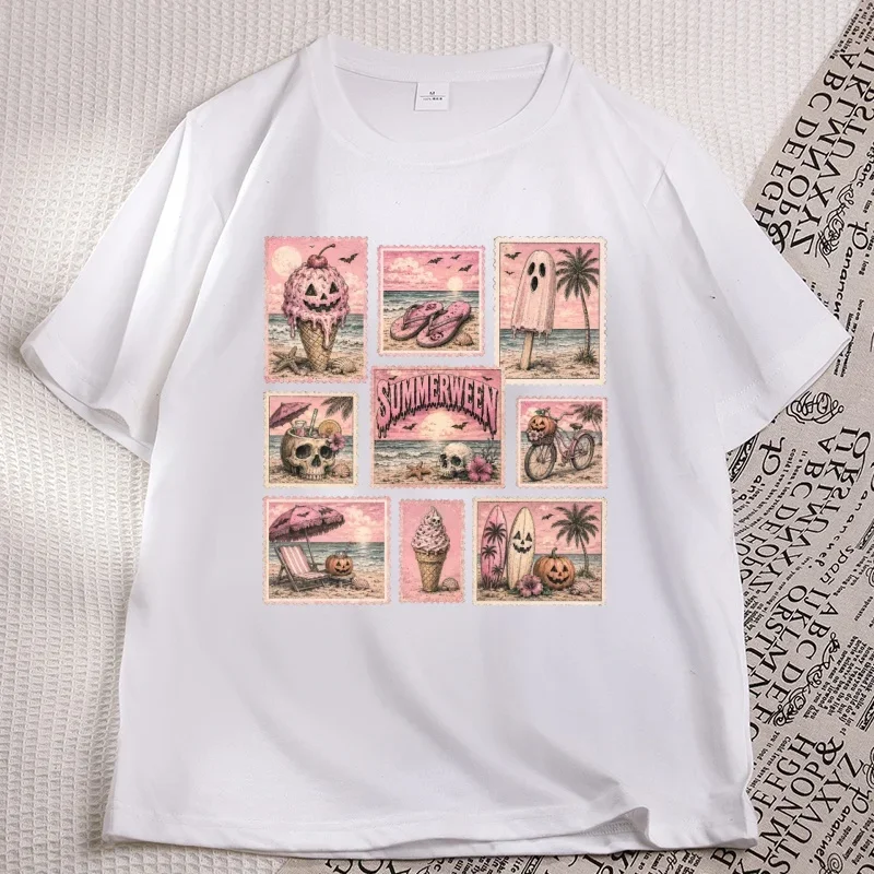 Summerween T-Shirt Pink Halloween Beach Tee Coastal Halloween Vintage Stamp T Shirt Spooky Summer Tshirt Casaul Round