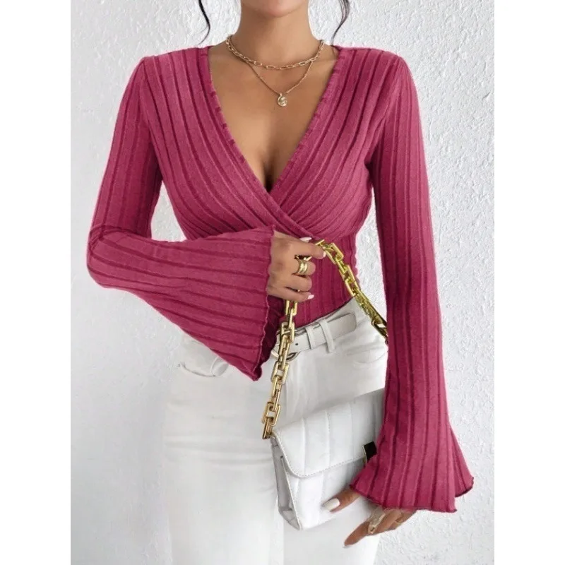 

Zagros Ladies' Autumn And Winter Apricot-Colored V-Neck Long-Sleeved Slim Striped Knitted T-Shirt Sweater Sexy Knitted Top