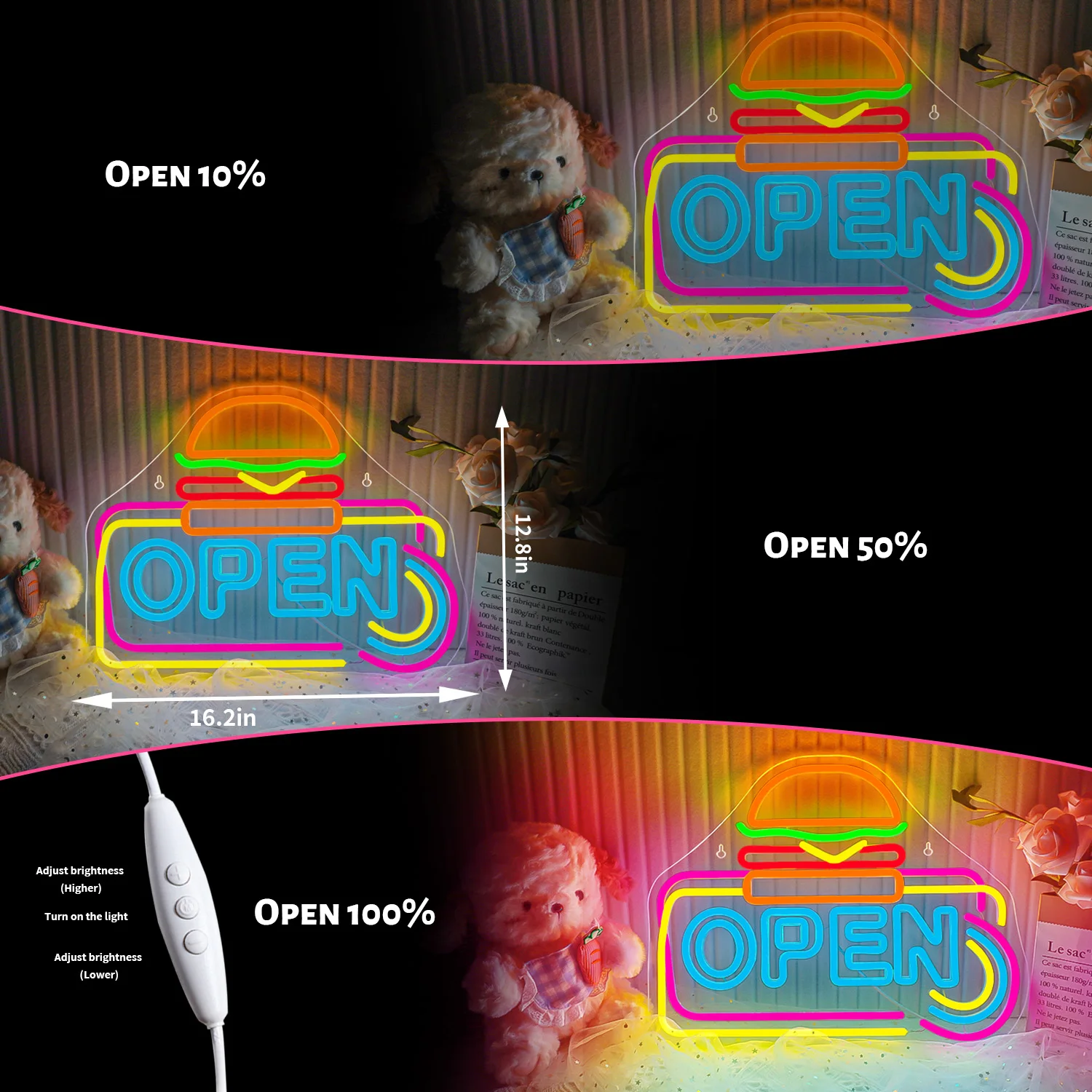 Hamburger Open Neon Sign Led Light Up Sign Burger Shop Opening Decor For Fast Food Business Led Sign Room Restaurant Decor