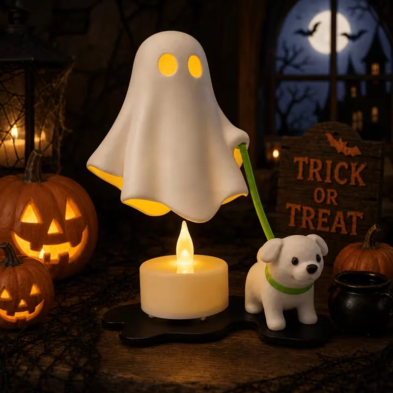 1pc Candlestick Candle HolderCute Ghost With Dog Figurine Statue Home Bedroom Desk Decoration Halloween Excluding Candles