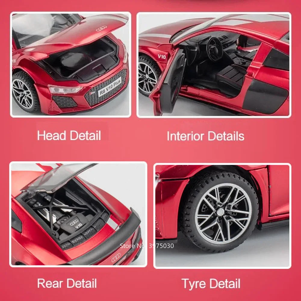 1:32 AUDI R8 V10 PLUS Sport Cars Alloy Diecast Toy Miniature Model with Light Sound Pull Back Vehicles Children Educational Toys