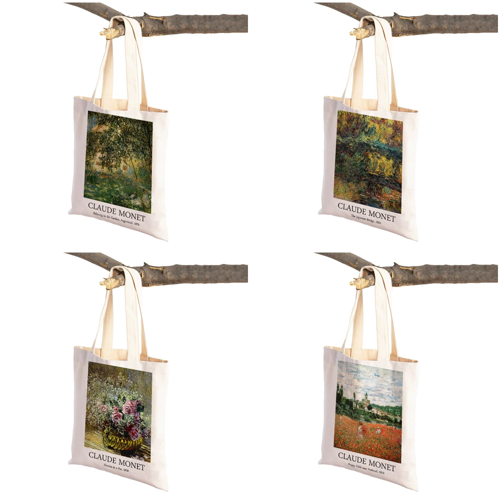 Claude Monet Garden Women Shopping Bags Casual Canvas Double Print Decor Vintage Art Girl Shopper Bag Lady Tote Handbags