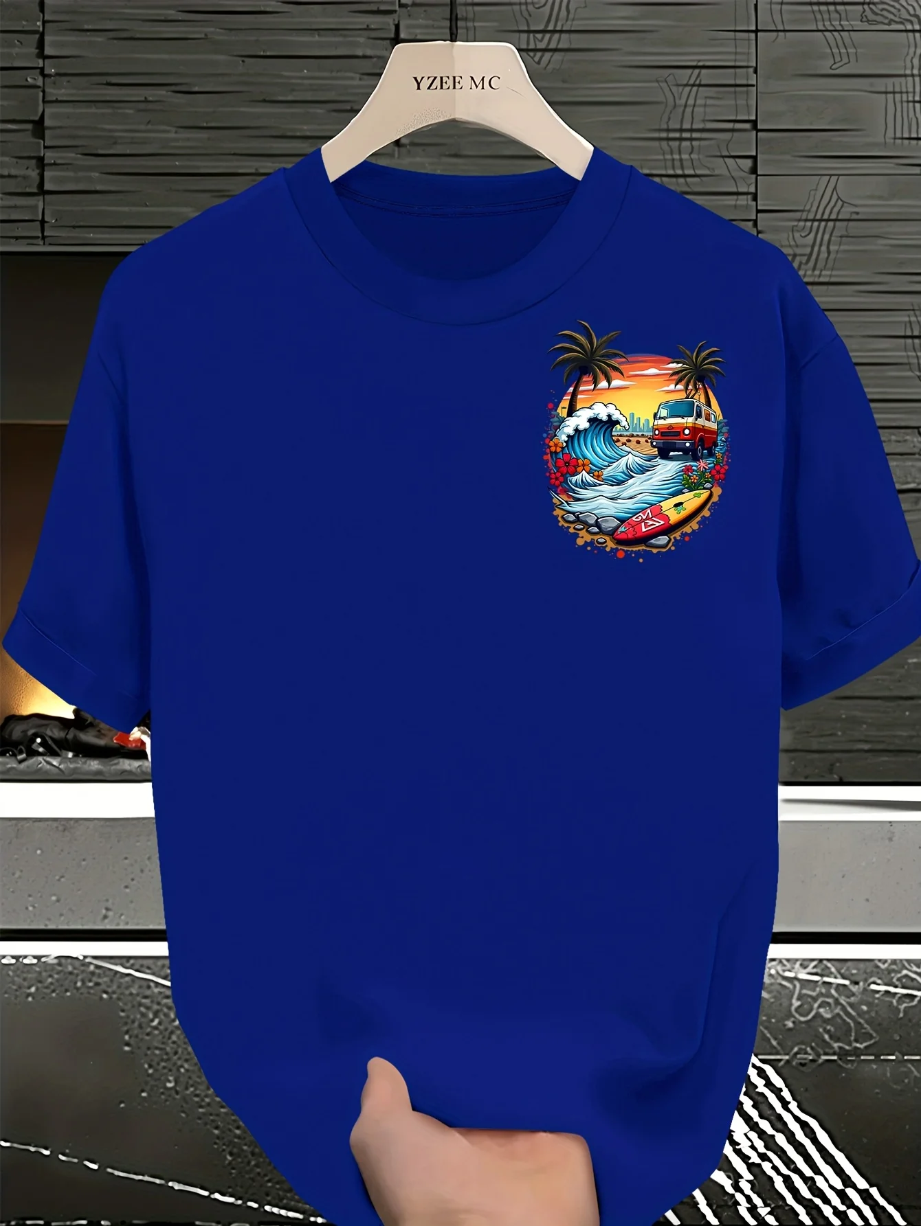 Herren-T-Shirt mit Palmenmuster und buntem Wellenmuster, atmungsaktiv, 100 % reine Baumwolle, Sommermode, lässiges Oberteil – Detail 5