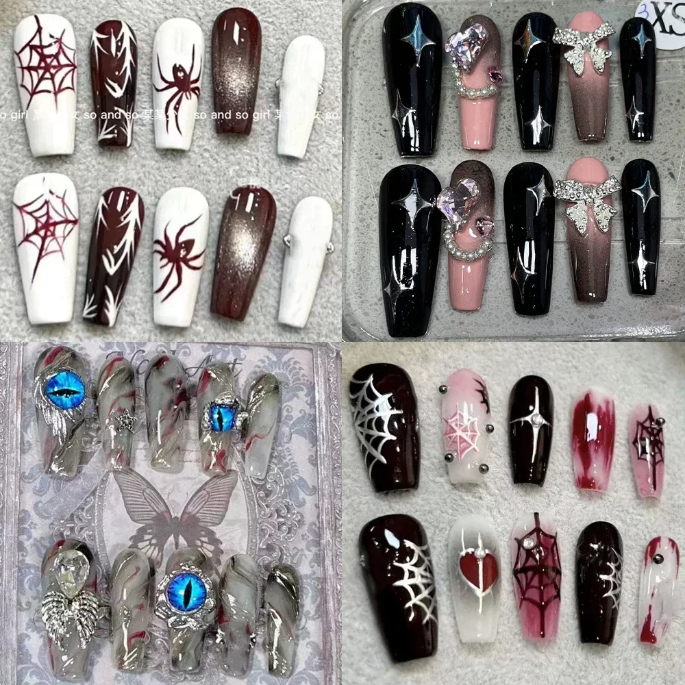 

10Pcs Y2K Long Coffin Handmade Press On Nails Spice Girl Rhinestone Spider Web Bow Flowers Pearl Detachable False Nails Tips