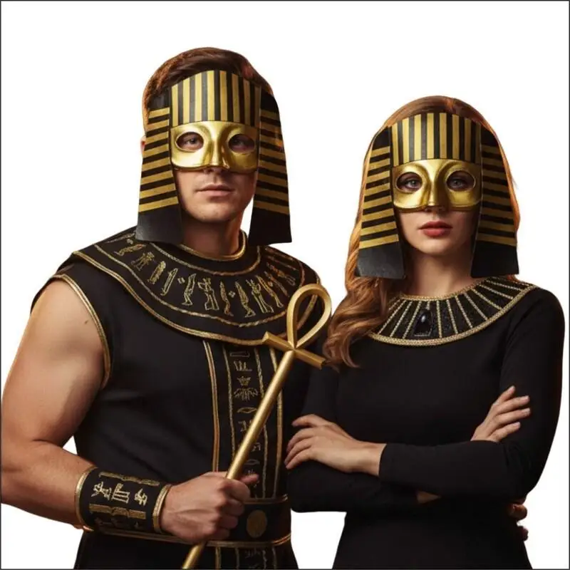 Pharaoh Egyptian Mask Half Face Gold Black Striped Costume Mask For Adult Men Women Halloween Cosplay Masquerade Party Booth Pro