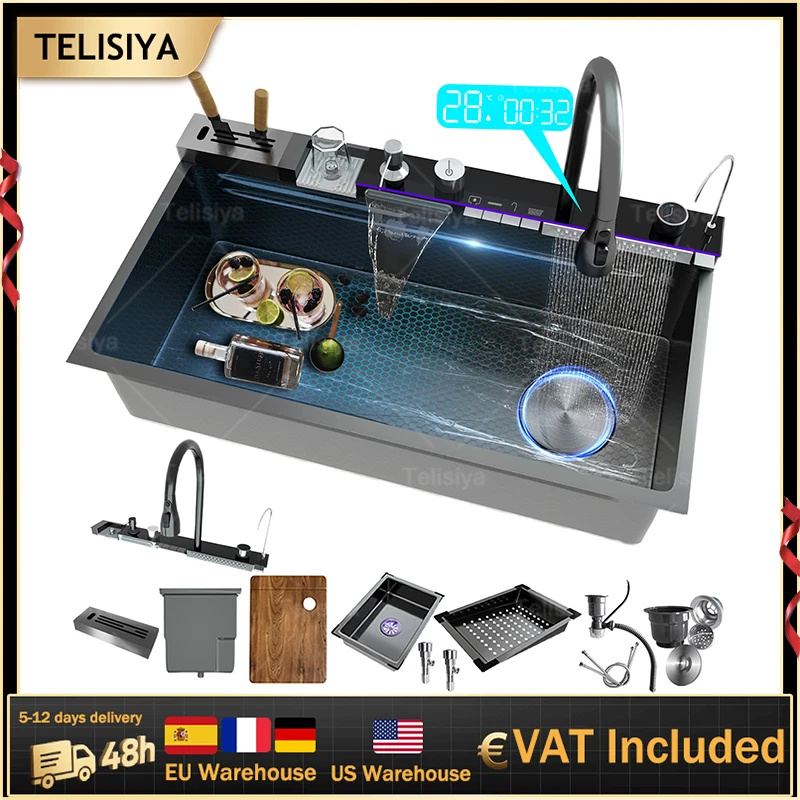 Stainless Steel Waterfall Kitchen Sink Extra Large Single Bowl Digital Display Multifunctional Dishwashing Sinks
