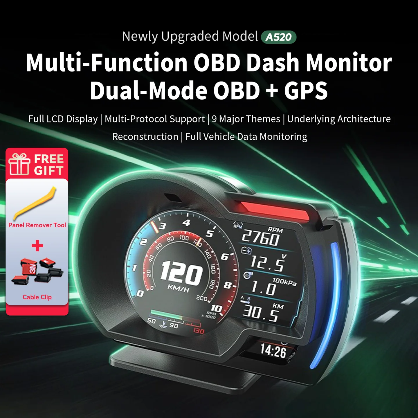 Car HUD Head Up Display OBD2+GPS Dual Mode Gesture Sensing RGB Ambient Light Speed Fuel Water Temp RPM Alarm