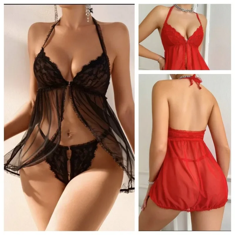 Sexy Women's Sleepwear - See-through Mesh Sheer Sexy Slit Halter Dress - Women's Sleepwear Set of 2 Pieces Night Wears for Women