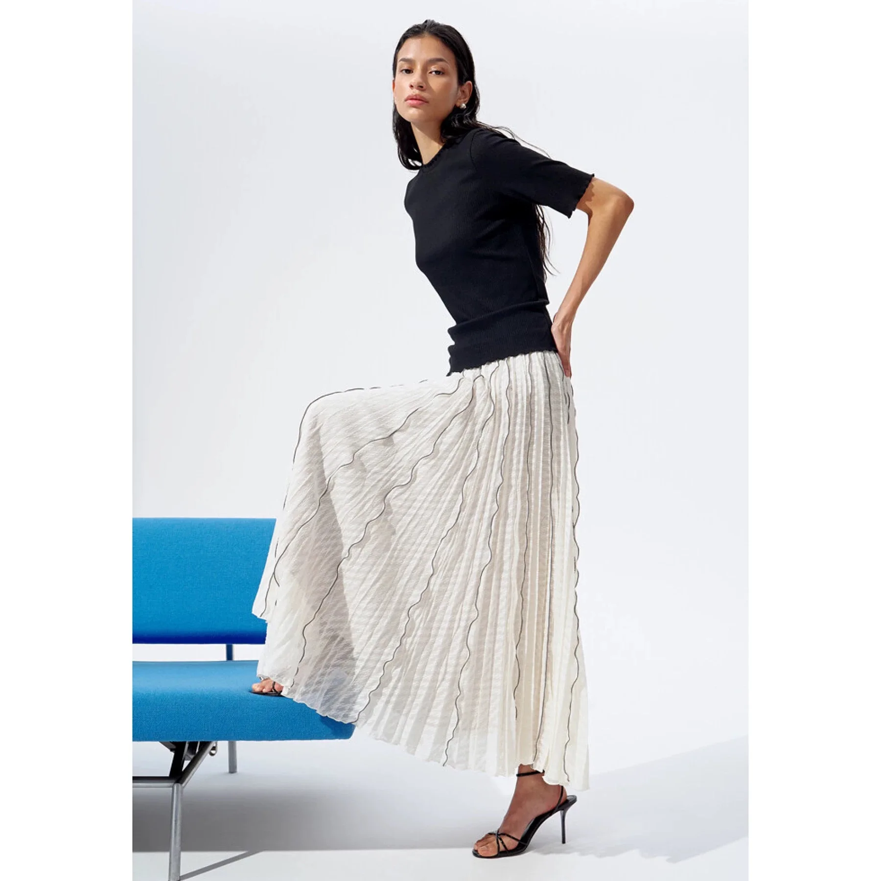 

Elegant Long-Line Pleated Skirt Lemon Cheese LAN26 Spring Summer Fashionable Casual Style High Waist Midi Skirt for Women