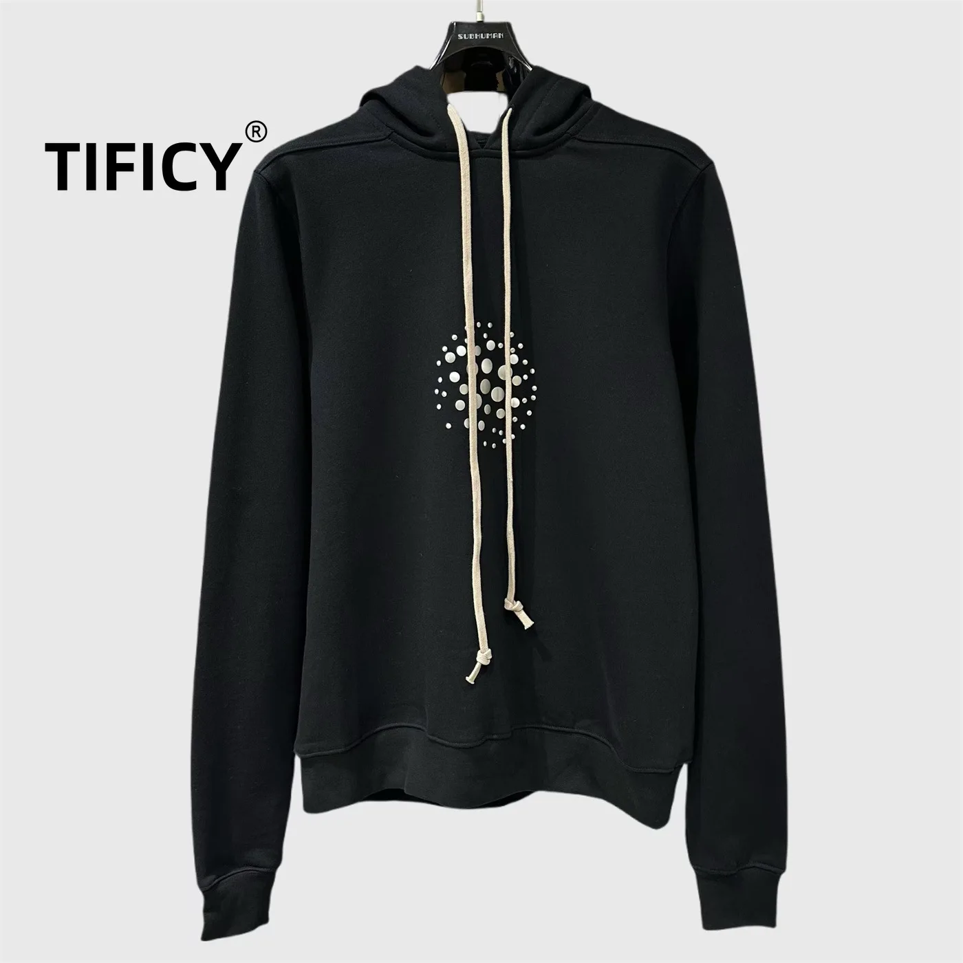 High Street Cotton Dark RO Style Classic Black Men's Casual Drawstring Hooded Sweatshirt Versatile Commuting Hoodied Sweatshirt