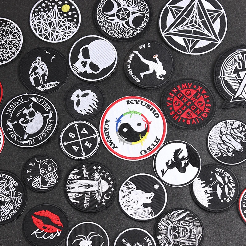 Punk Style Black Circle Iron-On Patches Clothe Embroidery Applique Sewing Supplies Decorative Handmade Badges ROCK MUSIC