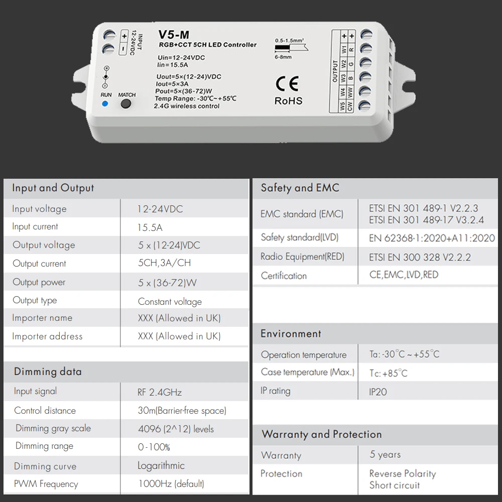 5 CH LED 4-strefowy ściemniacz RF zdalny kontroler LED RGBCCT zestaw do ściemniania pasków ultracienki Touch Wheel 2.4G sterowanie RGBCW DC 12V 24V