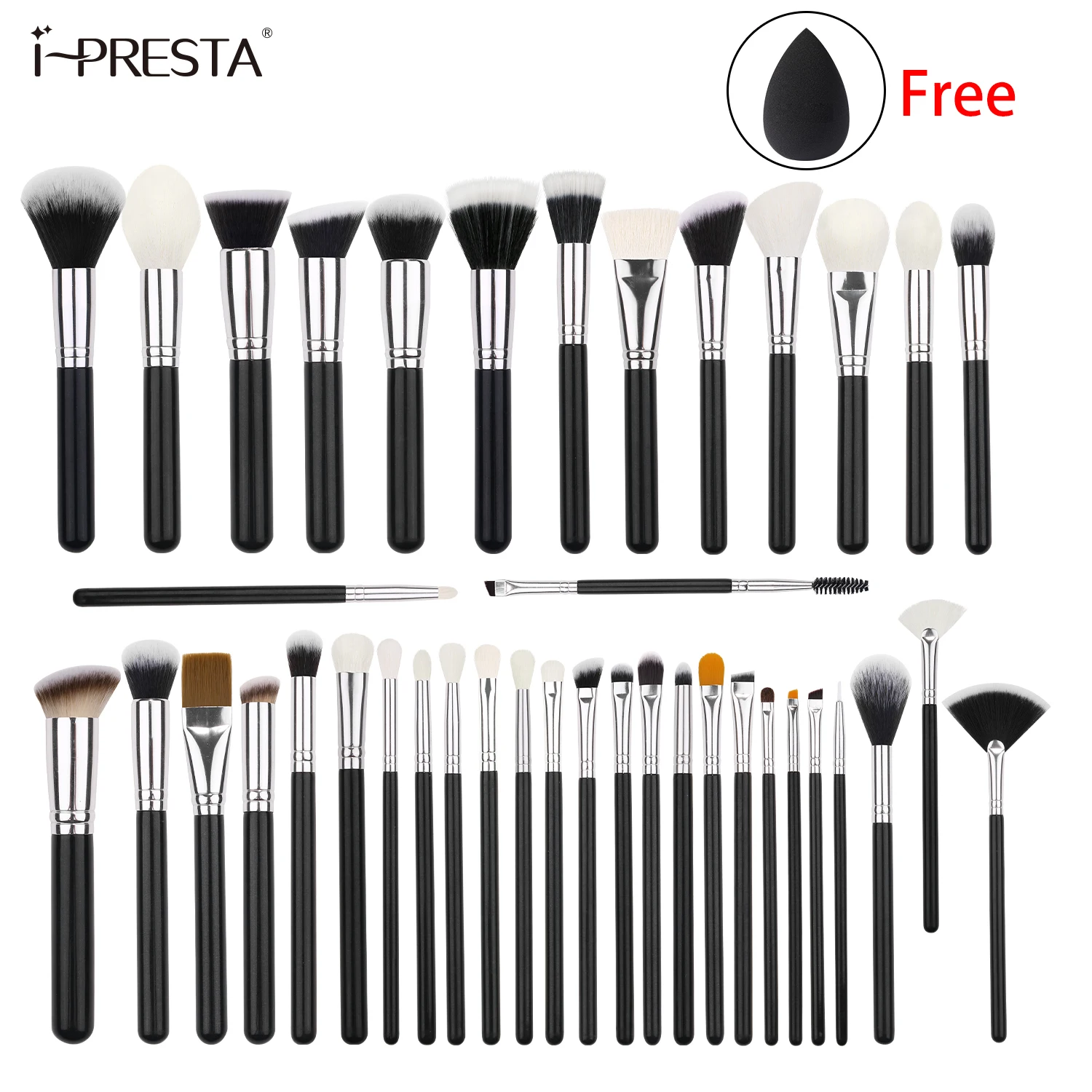 

2025 Custom Logo Full Set Brushes Black Wood Handle Natural Hair 40 PCS Makeup Brush Set with Free Makeup Sponge