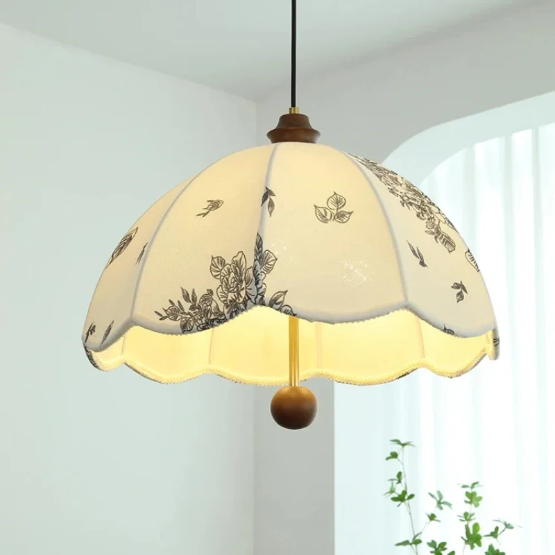 

Fabric Pendant Lamp French Style Cream Patterned Pendant Light For Bar Counter Bedroom Living Room Solid Wood Chandeliers