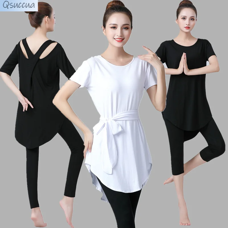 2023 Short-Sleeved Yoga Clothes Suit New Beautiful Back Lace-Up Long Female Modal Fitness Clothes Two-Piece Suit