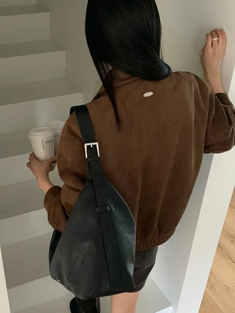 Invierno Chic gamuza larga Sve Jaet mujer Hong Kong Sle diseño Retro Sense Long Sve Top suelta ajuste ort abrigo