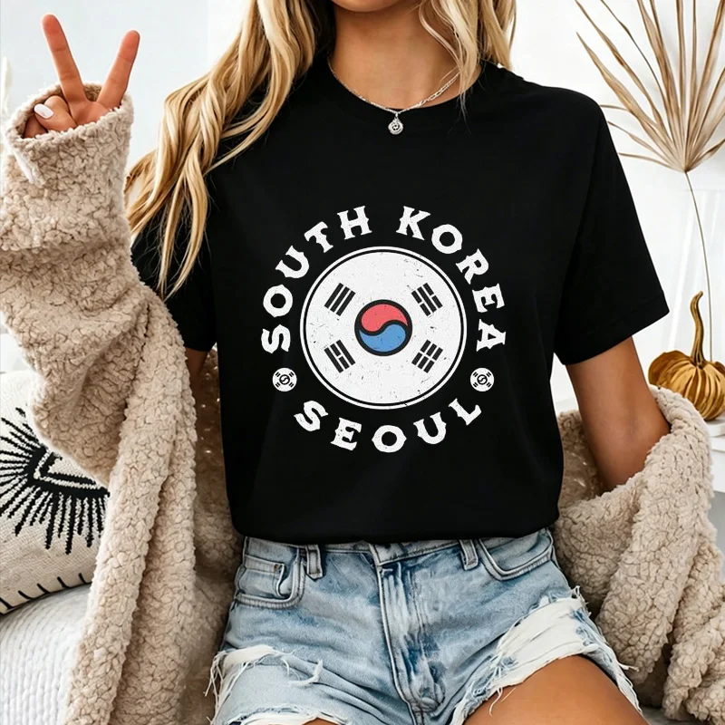 Unisex Distressed Circular South Korea Seoul Taegukgi Stamp Graphic T Shirt Korean City Pride Daily Streetwear Top