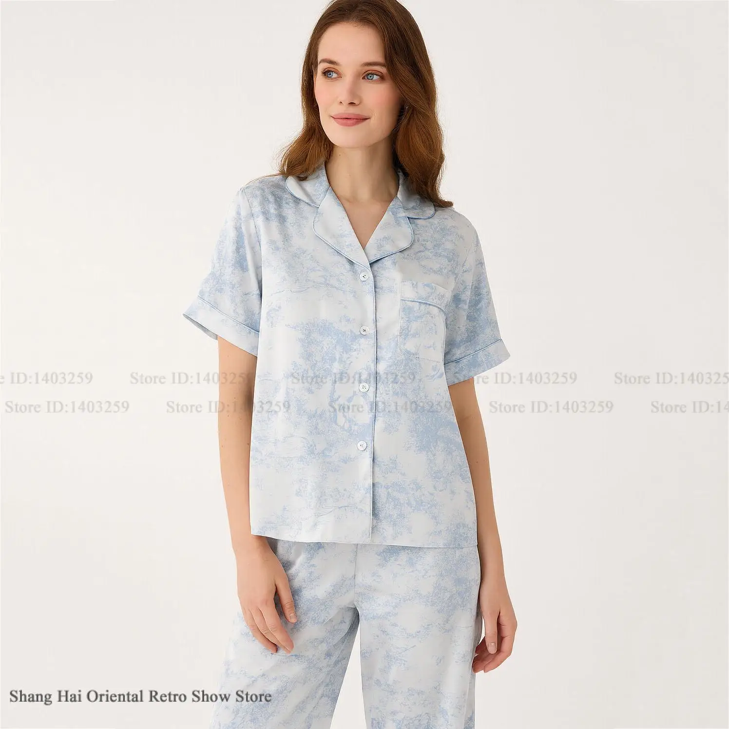 Women Pajamas Set Sleepwear Summer Short Sleeve Trouser Lounge Wear Sexy Print Flower Nightwear Pijamas Suit Silk Satin Homewear