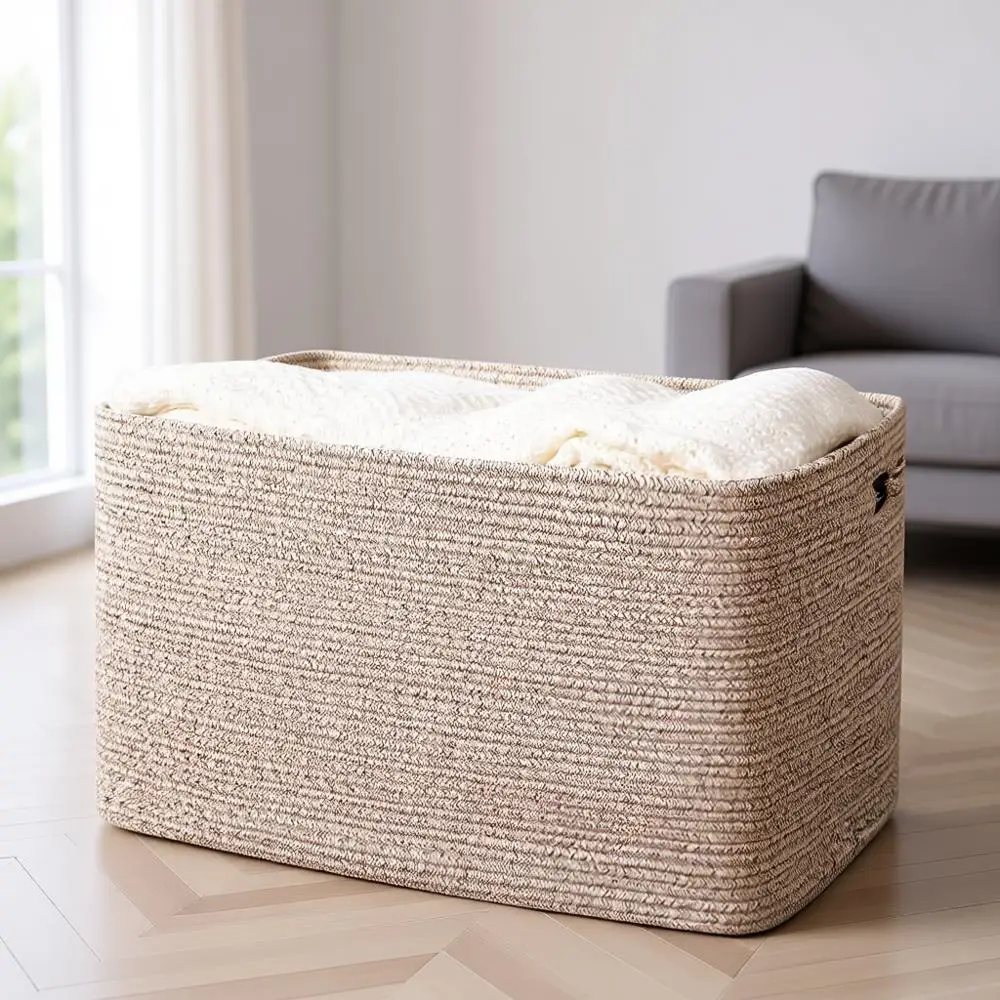 

Большая корзина для хранения из хлопкового каната, идеально подходит для одеял и одежды, коричневая с разноцветными вкраплениями, 25x17x16