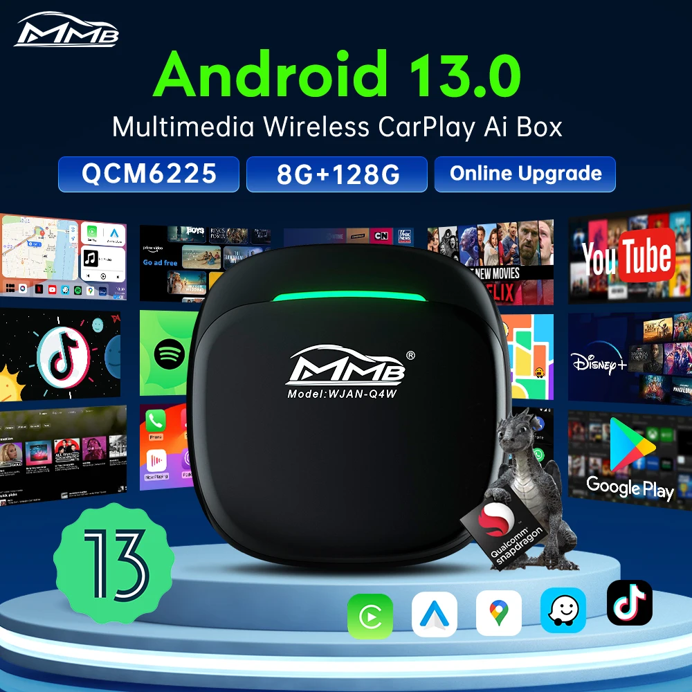 MMB Max 5.0 Smart Box Android Auto drahtlose CarPlay AI Box Andriod13 TV Box QCM6225 8 + 128G TF Karte 256G Split-Screen WiFi Carplay Adapter drahtlos für Auto mit drahtlosem Carplay & Android Auto