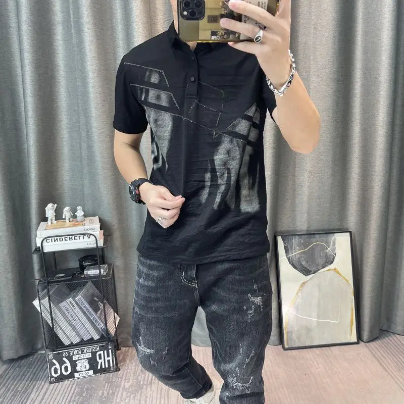 2024 Summer New Men's Pullovers Polo-Neck Button Printed Screw Thread Casual Spliced Short Sleeve Fashion Slim All-match Tops