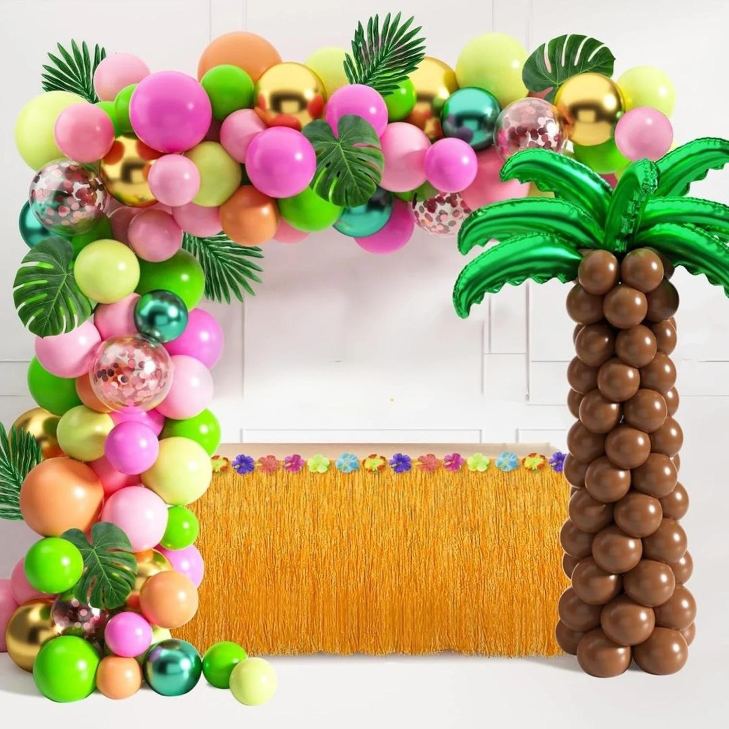 Juego de arco de globos tropicales Lei con globos de aluminio de árbol de coco y hoja de palma y más para una fiesta tropical de estilo hawaiano