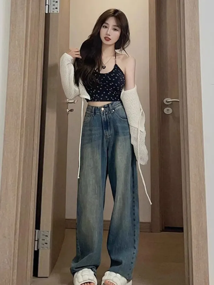 

Американские джинсы свободного кроя с широкими штанинами для женщин, винтажные, с эффектом потертости, струящиеся, с высокой талией, длиной в пол, повседневные, однотонные