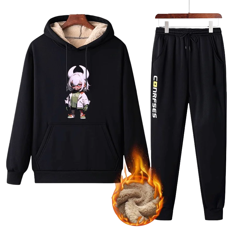 

Men's Fce Lined Thiened Lamb Velvet Sweatirt Casual Sportswear Set Sli Student Warm Two Piece Set Autumn Winter