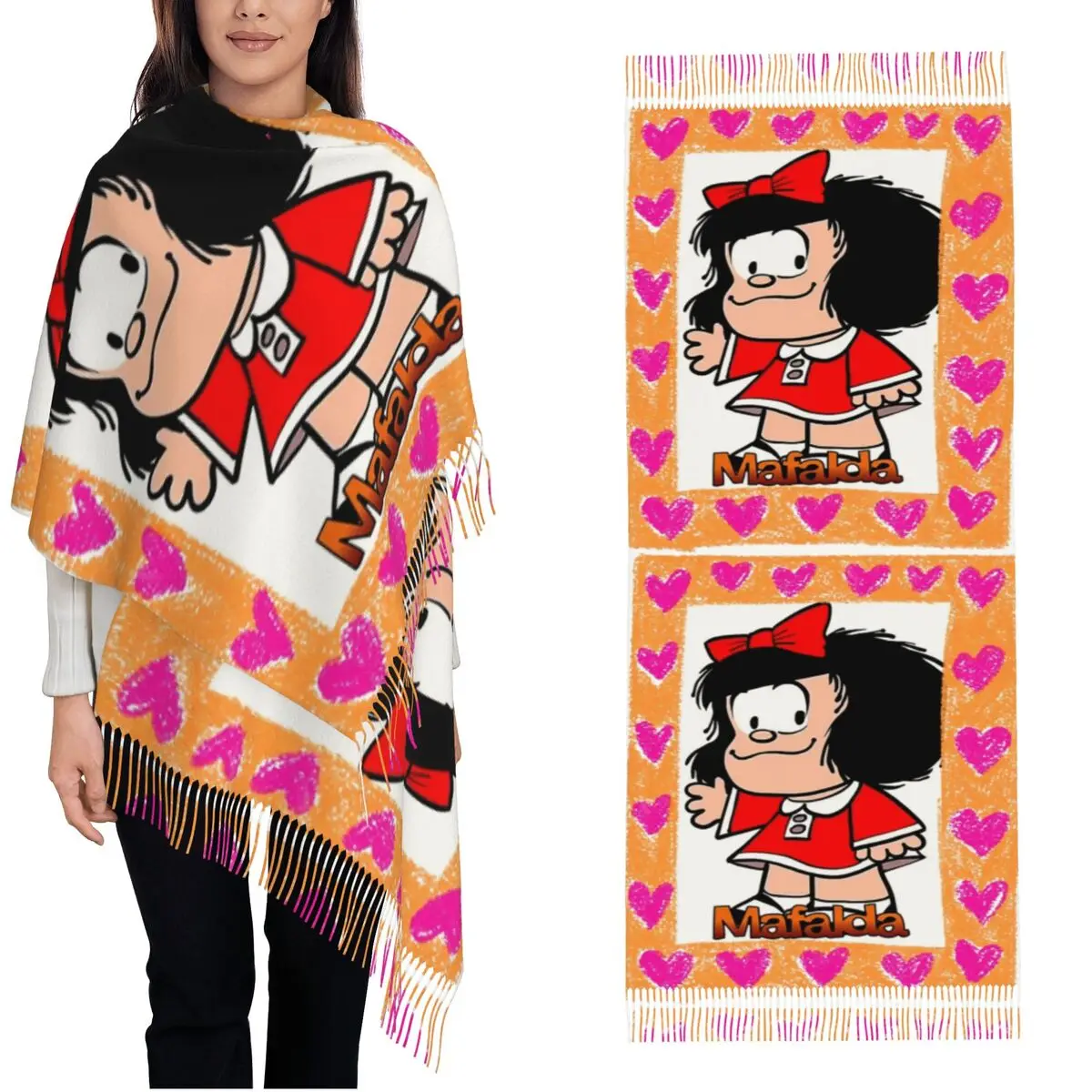 

Mafalda шарф в форме сердца для женщин осень зима кашемировые шали и шарф Happy Mafalda комикс большие шарфы с кисточкой для повседневной носки