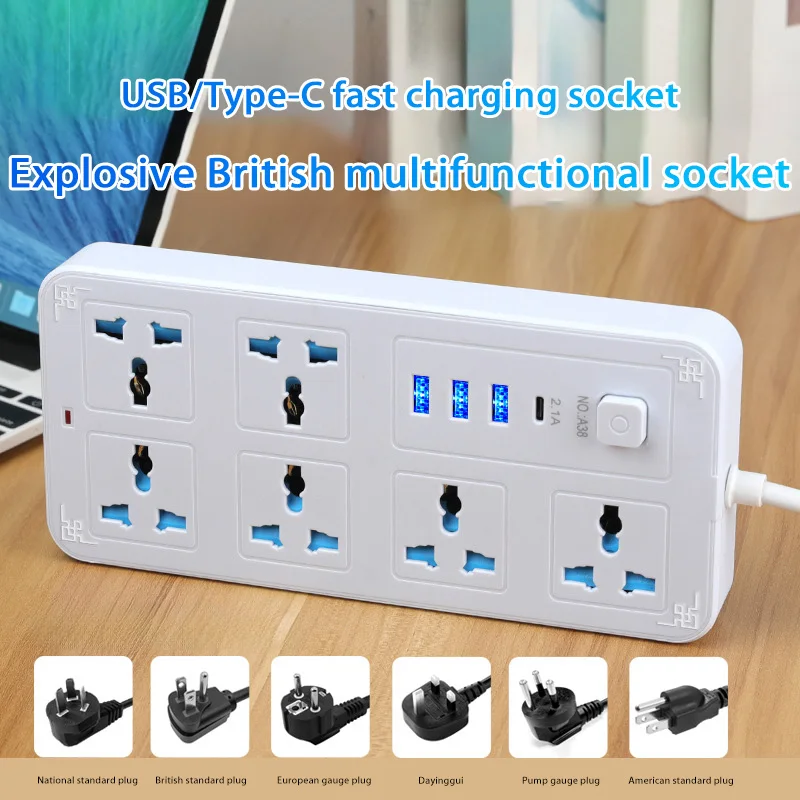 Universal Power Strip Electric Socket 4 6 OUTLETS EU UK US AU KR Plug 2500W with Usb Type-c 5V 2.1A Extension Cable Table Socket