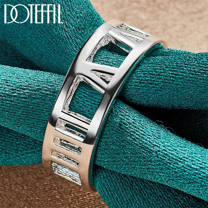 DOTEFFIL 925 Sterling Silver Hollow Roman Numerals Ring For Women Man Wedding Engagement Party Fashion Charm Jewelry