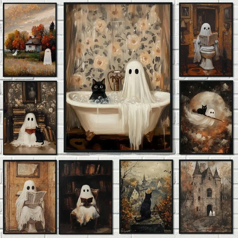 Cute Witch Ghost Cat in Bathtub Canvas Print Scary Ghost Landscape Halloween Wall Art Poster Modern Living Room Home Decor Gifts