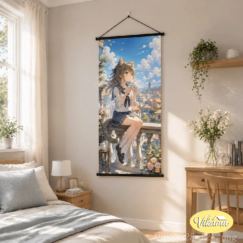 VIKAMA Vertical Anime Hanging Scroll Cat Ear Girl Town Balcony Canvas Poster Wall Hanging Girls Bedroom Home Decor