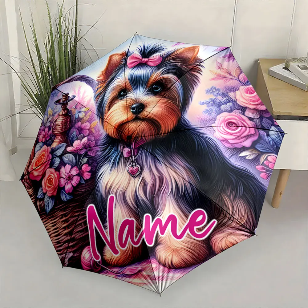 Custom Name Umbrella Yorkie with Floral Basket Umbrella Design Print 8 Iron Ribs Folding Umbrella Auto-Open Fashion Sunshade