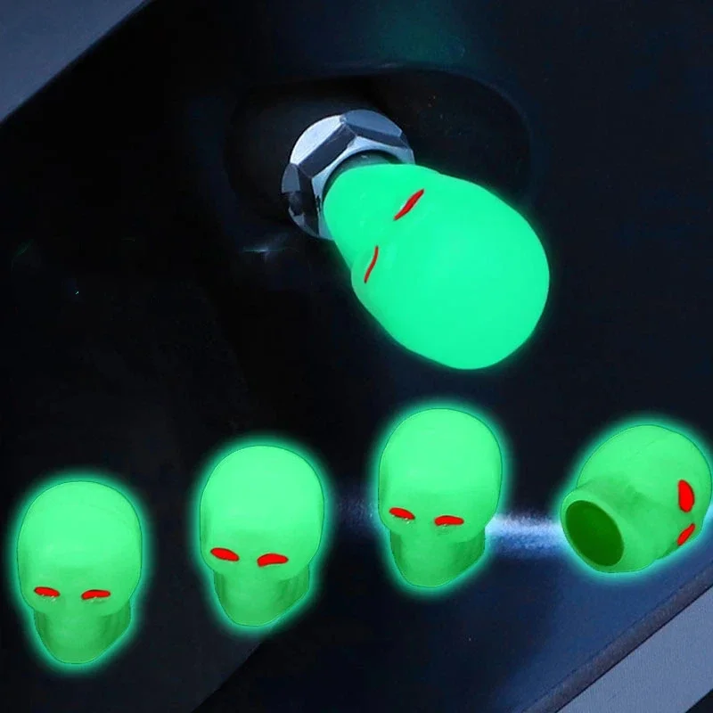 4pcs Luminous skull Automobile tyre luminous valve cap automobile electric vehicle motorcycle valve cover luminous valve Caps
