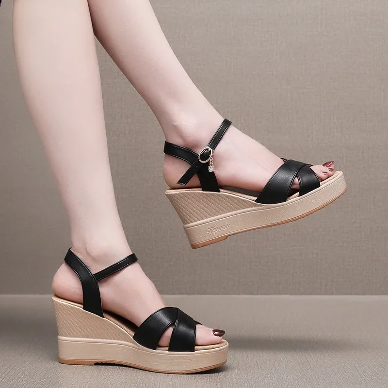 

8 Cm Women's Sandals Summer 2025 Platform Rome Wedges Heel Women Shoes Offers Dress Peep Toe Black and White Beach Shoes 34-41