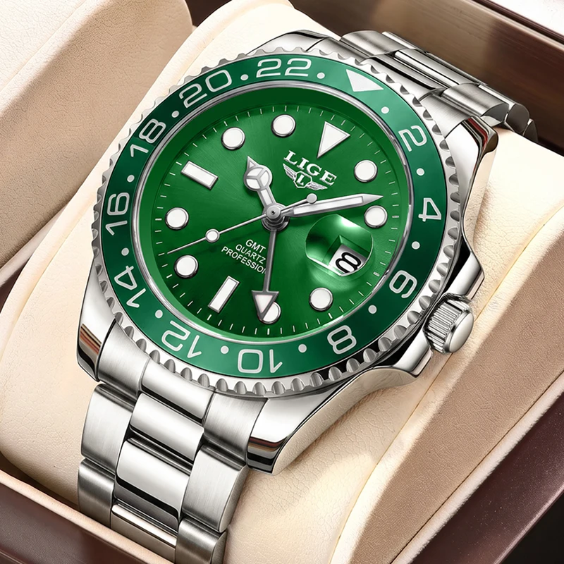 2026 LIGE New GMT Diver Watch Men Waterproof Sport Men's Quartz Wristwatches Fashion Luminous Date Chronograph Montre Homme+BOX