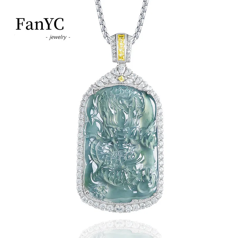 Natural Jadeite Blue Water Dragon Soaring Across The Four Seas Pendant High-End Ice-Type Jade Necklace Men & Women Holiday Gift