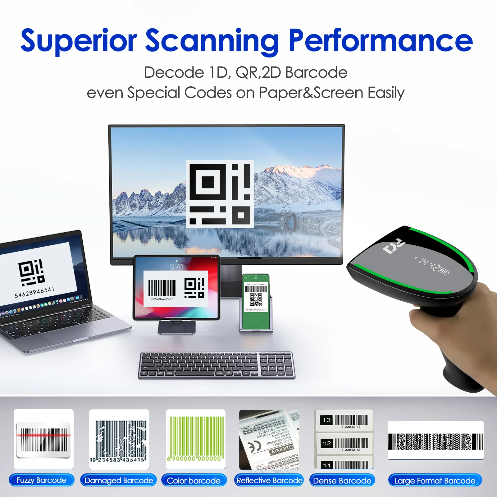 FYJ F8603B Lettore di codici a barre wireless Scanner portatili Base 3in1 Scanner di codici a barre portatile USB 1D 2D per caffetteria in inventario