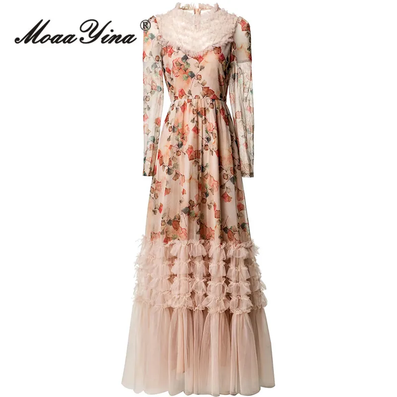 

MoaaYina Mesh Pleated Layered French Elegant Princess Dress Round Neck Long Sleeved And Floor S-4XL Dress