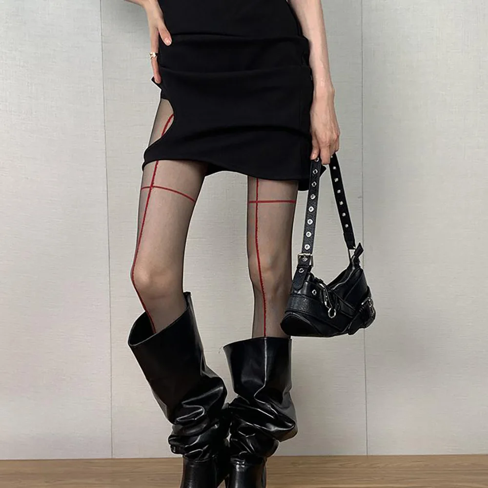 المرأة عبر مخطط التماس خط جوارب طويلة مثير الجبهة والخلفية الجوارب النايلون خط عمودي جوارب عالية Y2K