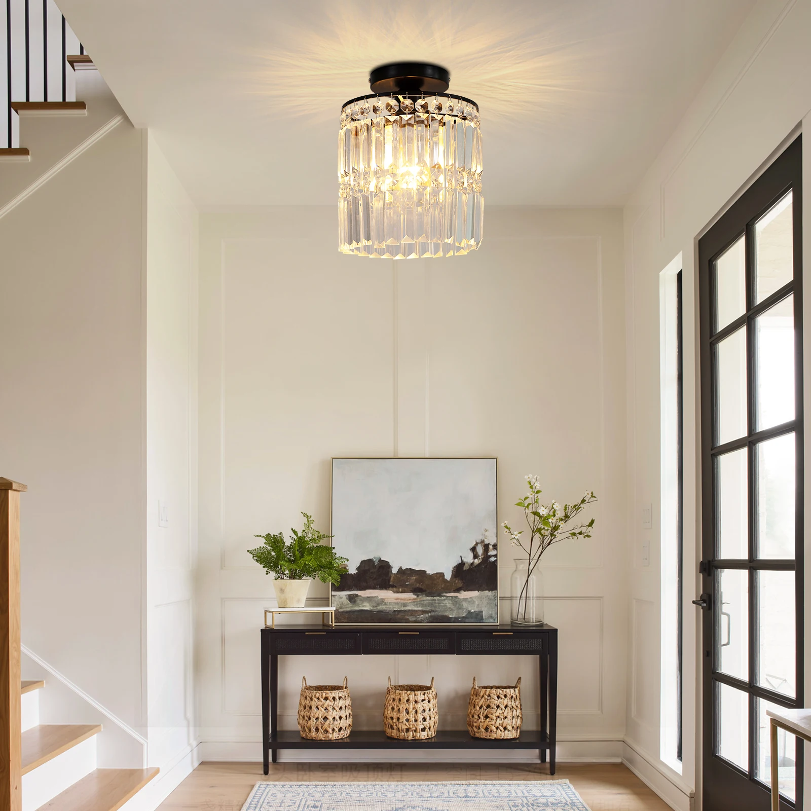 

Ceiling Light with Hand-Made Crystal, Electroplated Metal, Dimmable, E26 Socket, Easy to Clean, Ideal for Living Room and Bedroo