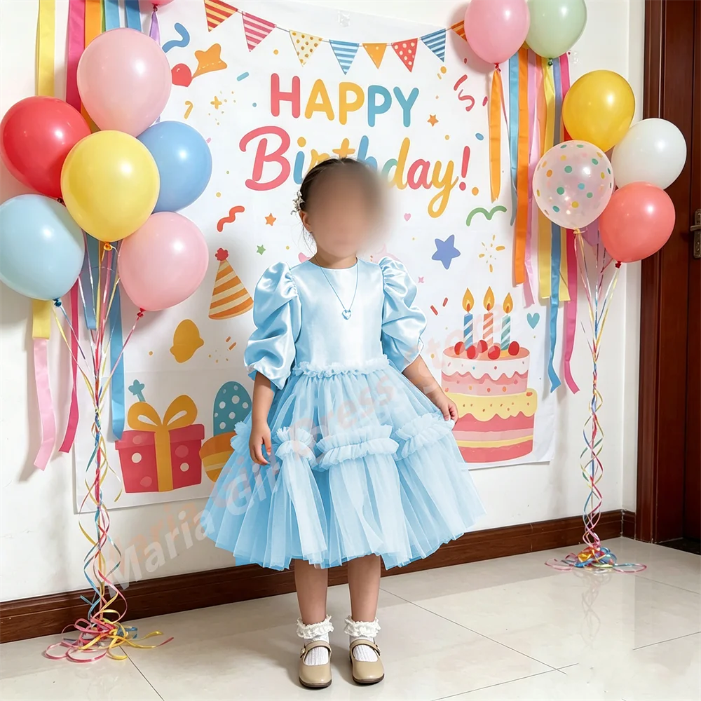 

Custom Blue Puffy Sleeve Girl Dress Wedding Bridesmaid Satin and Mesh Ruffles Kid Party First Birthday Party Pageant Dress